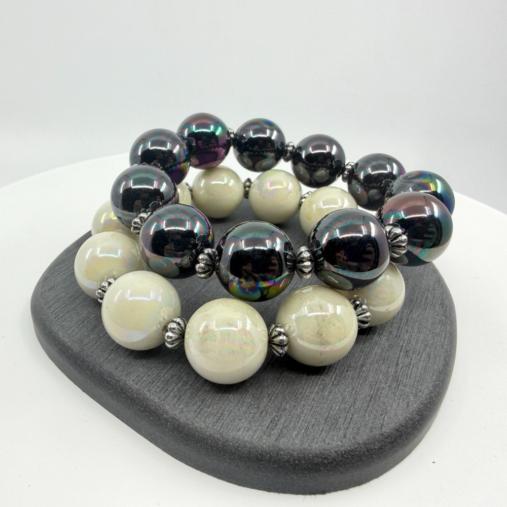 Iridescent Duo Beaded Bracelet Set Chunky Celestial Boho Layering Statement Gift